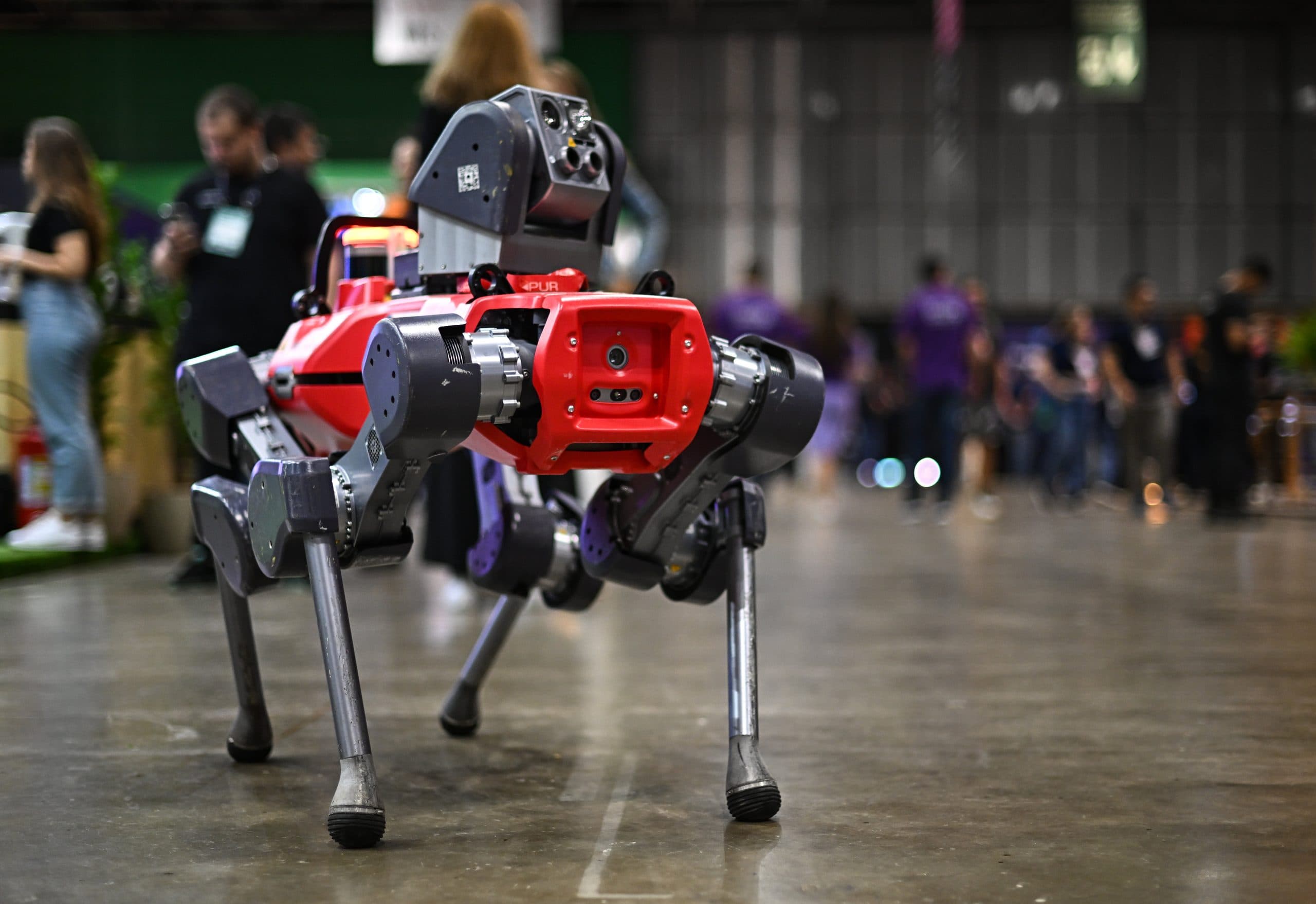 Robô quadrúpede caminhando em feira de tecnologia